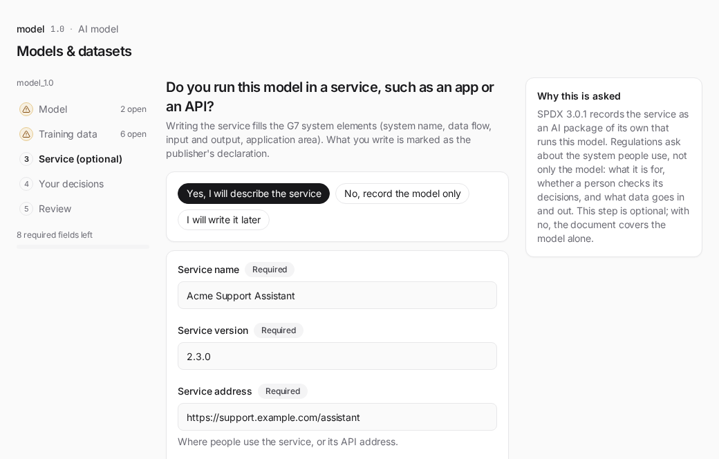 Fill in empty fields: the optional Service step with the five required service fields