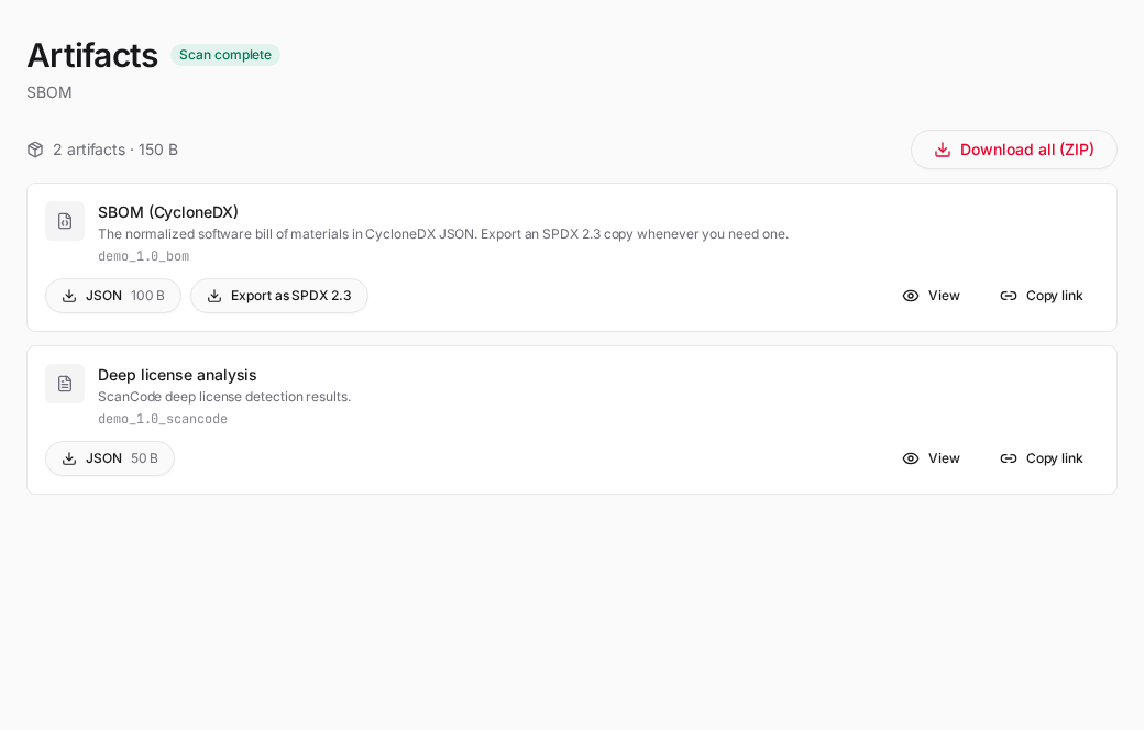 Artifacts — files grouped by kind, with the SPDX export button on the SBOM card