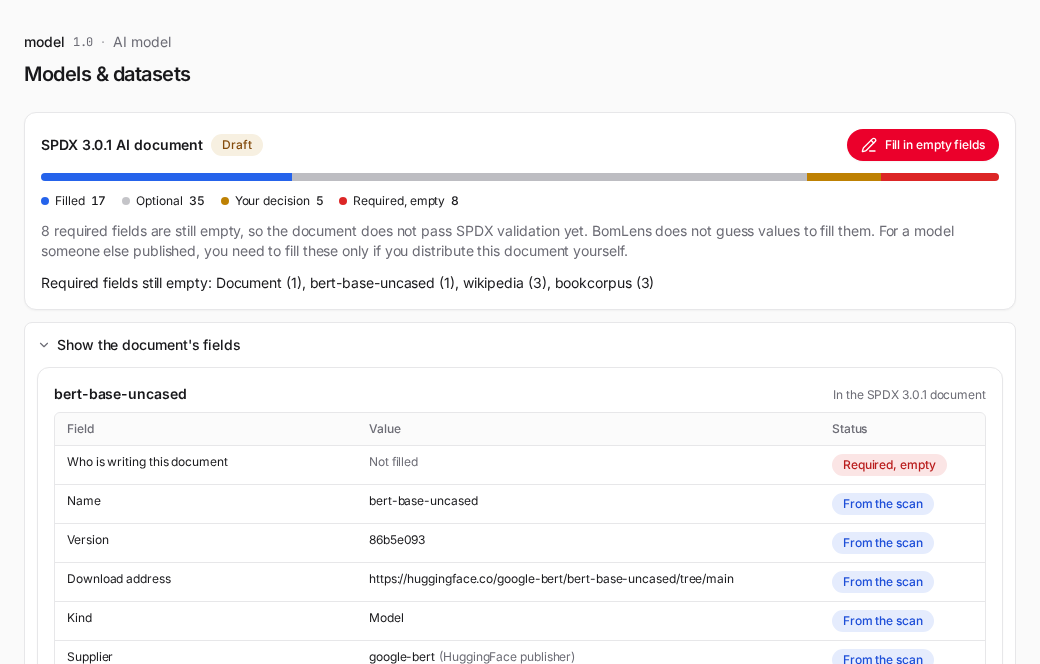 Models & datasets: the SPDX 3.0.1 AI document band and the model's fields