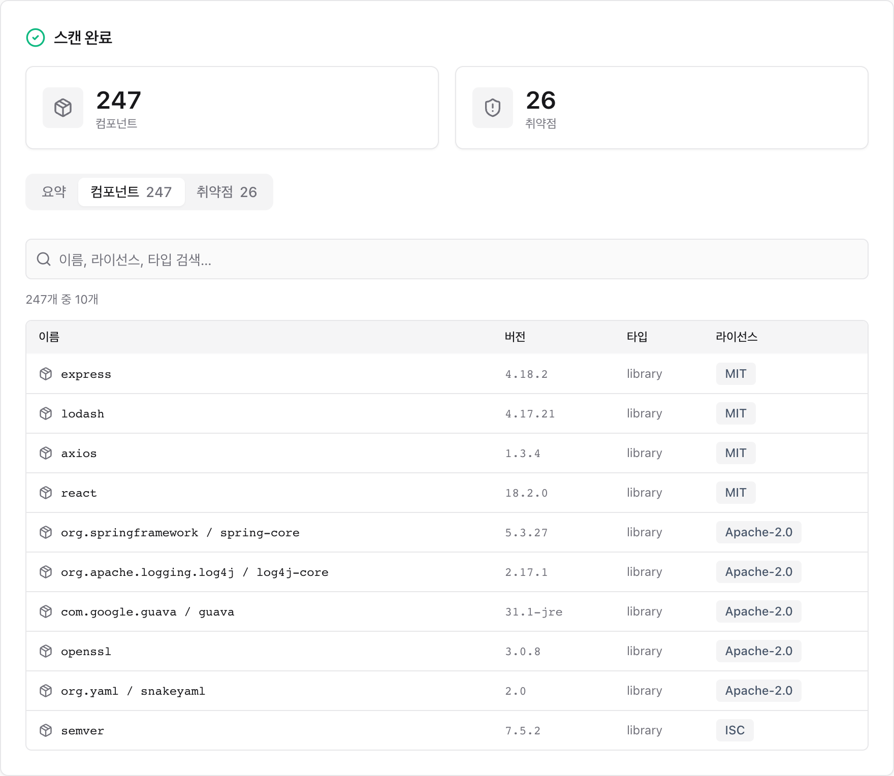 컴포넌트 탭 — 검출된 구성요소 목록과 검색