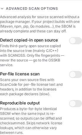 The Advanced section with the File-level identification (SCANOSS) toggle