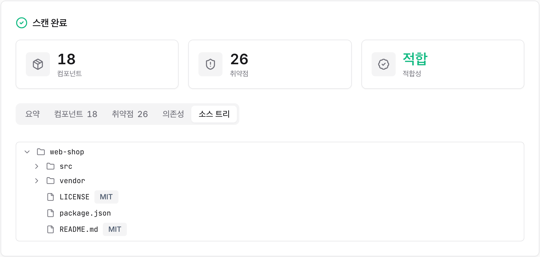 소스 트리 탭 — 소스 파일 트리와 파일별 라이선스